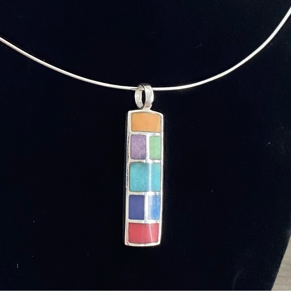 Beautiful multicolored inlay sterling pendant on 18” unique omega chain
